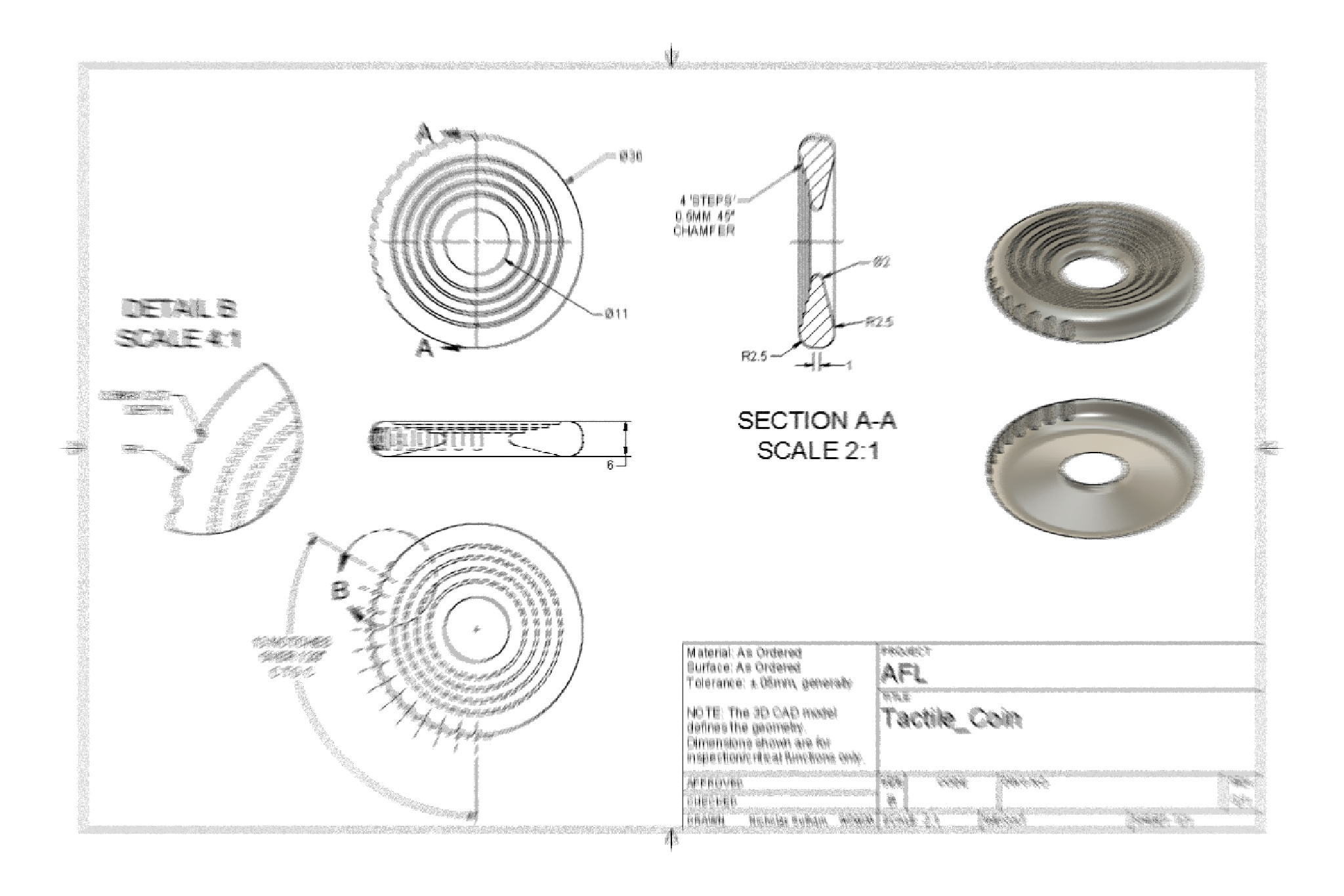 A technical CAD drawing showing a 316 stainless steel coin or circular metal object with labeled dimensions, cross-section views, and two rendered circular metal views on a white page.