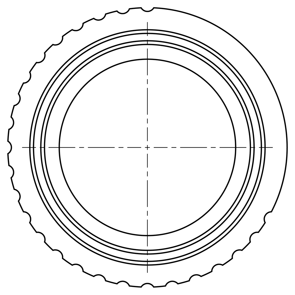 A technical CAD drawing of a ring-shaped object with a partially serrated or notched outer edge, concentric grooved lines, and a crosshair-style center marking.