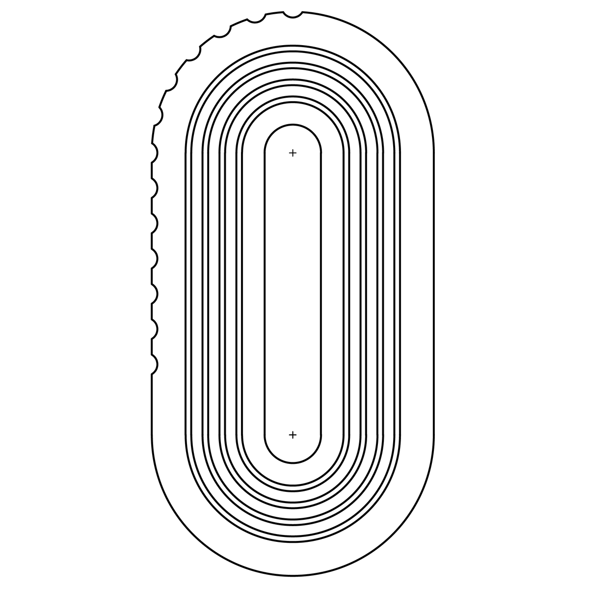 A technical CAD drawing of a rounded metal pill-shaped object with a partially serrated or notched outer edge, concentric grooved lines.